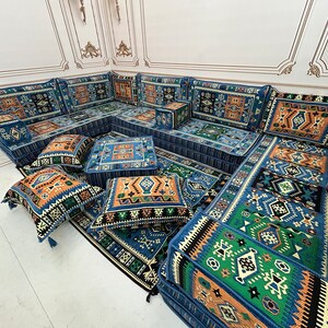 Arabisch Sofa 8-Zoll-U-förmige arabische Bodensitzmöbel, arabischer Boden Sofa-Set, arabisches Bodensofa, U-förmiges Sofa, blaue Farbe, arabisches Majlis-Bodensofa