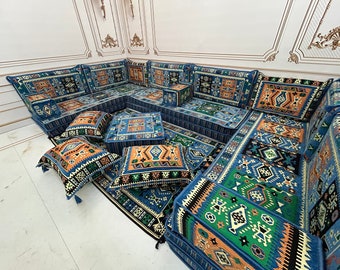 Blue Arabic Floor Sofa Set: U Shaped Majlis Seating