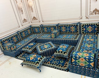 Navy U-Shaped Arabic Sofa Set: Floor Seating, Living Room Decor