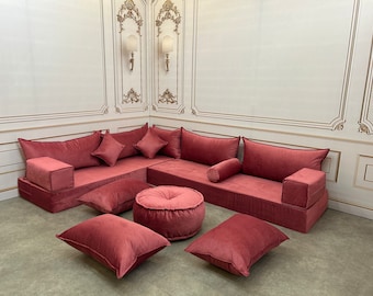 Rose Velvet Floor Cushion Sofa Set: Boho L-Shape Seating