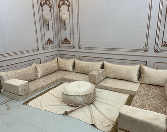 Luxury Handcrafted Stylish Modern Living Room Velvet Floor Sofa Pillows,Boho Floor Couch, Luxury U Shaped Arabic Sofa Set, Custom Made Sofa