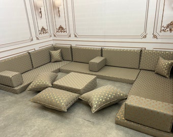 Handcrafted U-Shaped Floor Sofa Set: Gray & Gold Hijaz Model