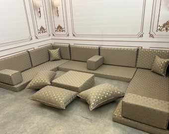 Luxuriöses Hijaz-Modell, graue Farbe, U-förmiges Sofa-Set, handgefertigt, stilvolles, modernes Wohnzimmer, Vintage-Sofa, Polyesterstoff, Boho-Bodencouch