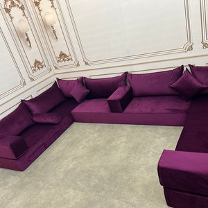 Unique Magic Purple Handmade Stylish Modern Living Room, Boho Floor Sofa, U Shaped Arabic Sofa Set, Custom Made Sofa,Velvet Floor Sofa 8" Thick U Set