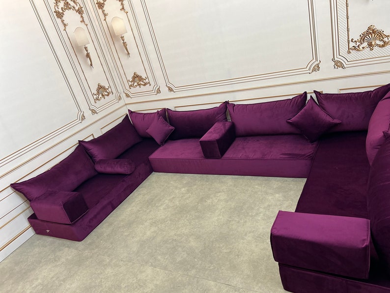 Unique Magic Purple Handmade Stylish Modern Living Room, Boho Floor Sofa, U Shaped Arabic Sofa Set, Custom Made Sofa,Velvet Floor Sofa 8" Thick U Set