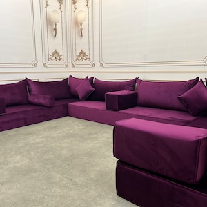 Unique Magic Purple Handmade Stylish Modern Living Room, Boho Floor Sofa, U Shaped Arabic Sofa Set, Custom Made Sofa,Velvet Floor Sofa image 9