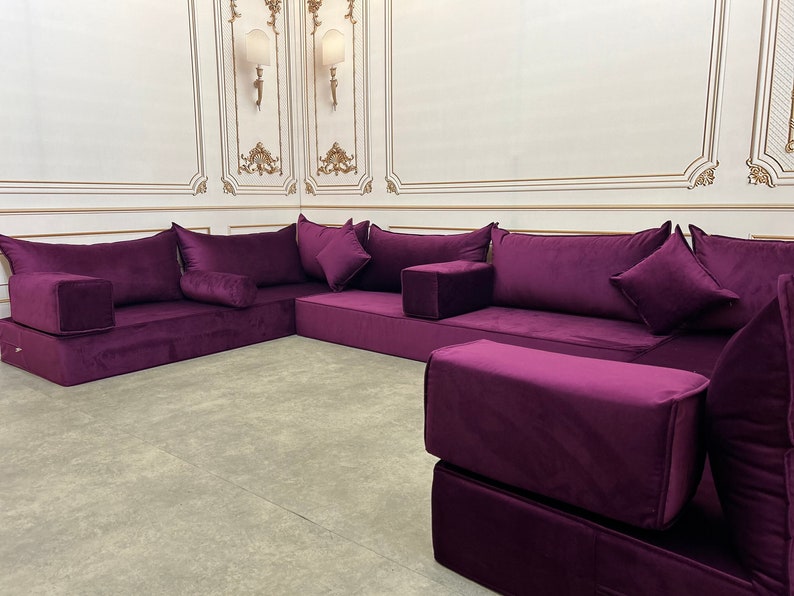 Unique Magic Purple Handmade Stylish Modern Living Room, Boho Floor Sofa, U Shaped Arabic Sofa Set, Custom Made Sofa,Velvet Floor Sofa image 9