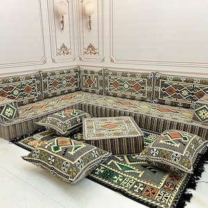 L Shaped Anatolian Grey Arabic Sofa 8 inch Floor Seating Set, Boho Floor Couches, Living Room Sofa Set, Arabic Majlis, Corner Sofa
