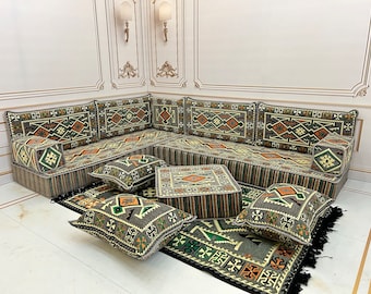 L Shaped Anatolian Grey Arabic Sofa 8 inch Floor Seating Set, Boho Floor Couches, Living Room Sofa Set, Arabic Majlis, Corner Sofa