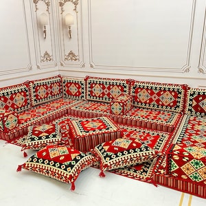 4&#39;&#39; Thick U Shaped Red Sofa,Arabic Majlis,Sectional Sofa,Living Room Home Decor,Arabic Majlis Sofa,Anatolian,Ottoman Couch Rug,U Shaped