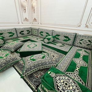 4&#39;&#39; Thick U Shaped Emerald Sofa,Arabic Majlis,Sectional Sofa,Living Room Home Decor,Arabic Majlis Sofa,Anatolian,Ottoman Couch Rug,U Shaped