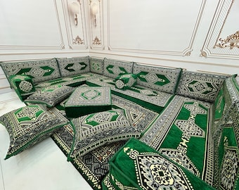 4'' Thick U Shaped Emerald Sofa,Arabic Majlis,Sectional Sofa,Living Room Home Decor,Arabic Majlis Sofa,Anatolian,Ottoman Couch Rug,U Shaped