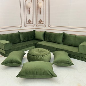 8&quot; Thick L Shaped Luxury Green Soft Velvet Bench Cushion,Boho Design Couch,Arabic Style Majlis Sofa,Modern Livingroom Sofa,Velvet Sofa