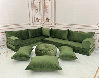 Cojín de banco de terciopelo suave verde de lujo en forma de L de 8" de espesor, sofá de diseño boho, sofá Majlis de estilo árabe, sofá de sala de estar moderno, sofá de terciopelo