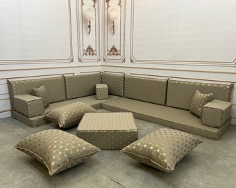 Gray Color Gold Pattern Hijaz Model Luxury L Shaped Detailed Authentic Arabic Living Room Sofa Set 4" Thick,Floor Seating Set,Unique Pattern