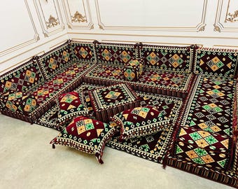Burgundy Arabic Floor Sofa Set: U Shaped Authentic Seating