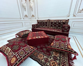 Ethnic Arabic Majlis Sofa Set: 8" Thick Floor Seating, Ottoman & Rug
