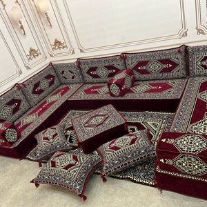 Arabic Sofa 8 inch Maroon Color U Shaped,Arabic Majlis,Arabis Sofa Floor Seating Set,Arabic Sofa Set,Arabic Sofa,Bench Cushions U Sofa Full Set