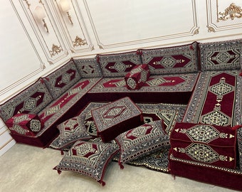 Divano arabo da 8 pollici colore marrone a forma di U, Majlis arabo, set di posti a sedere sul pavimento del divano Arabis, set di divani arabi, divano arabo, cuscini da panca