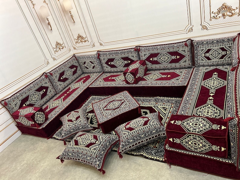 Arabic Sofa 8 inch Maroon Color U Shaped,Arabic Majlis,Arabis Sofa Floor Seating Set,Arabic Sofa Set,Arabic Sofa,Bench Cushions U Sofa Full Set