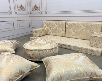 4 Zoll dicke, luxuriöse, goldfarbene, detaillierte authentische arabische Wohnzimmer-Sofagarnitur, Bodensitzgruppe, Schnittsofa, Bodencouch, Polyesterstoff
