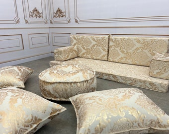 4inch Thick Luxury Gold Color Detailed Authentic Arabic Living Room Sofa Set, Floor Seating Set, Sectional Sofa,Floor Couch,Polyester Fabric