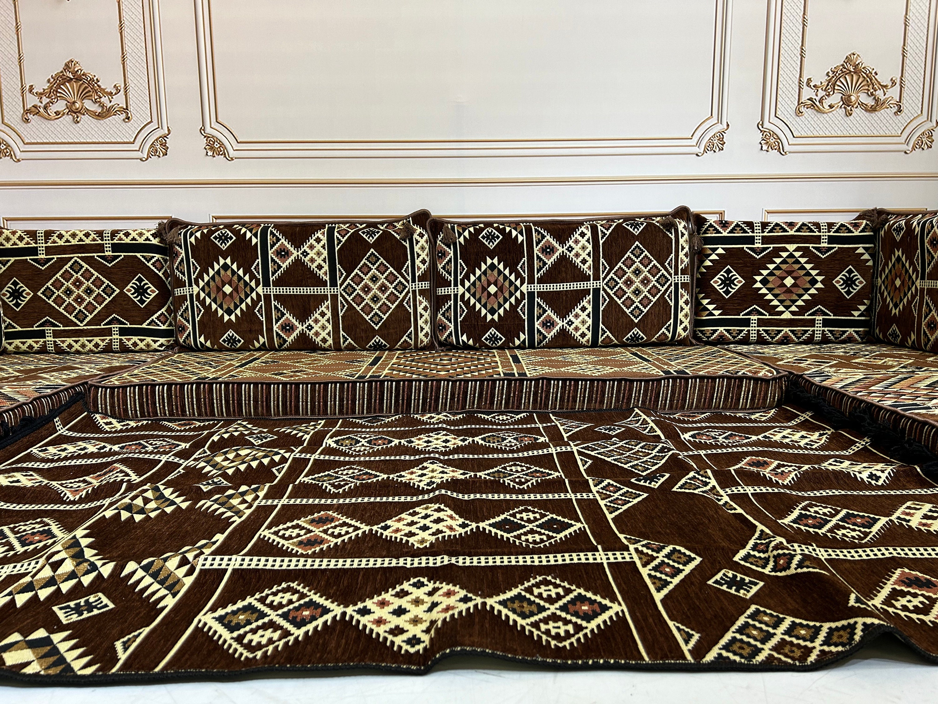 Majilis Rug U-shaped Brown Arabic Majlis Sofa Set: Floor Seating, Ottoman & Rug ...