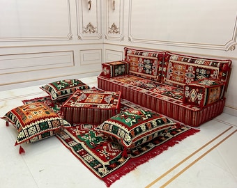 Bodrum Milas Red Arabic Sofa Set: Ottoman Majlis Floor Seating