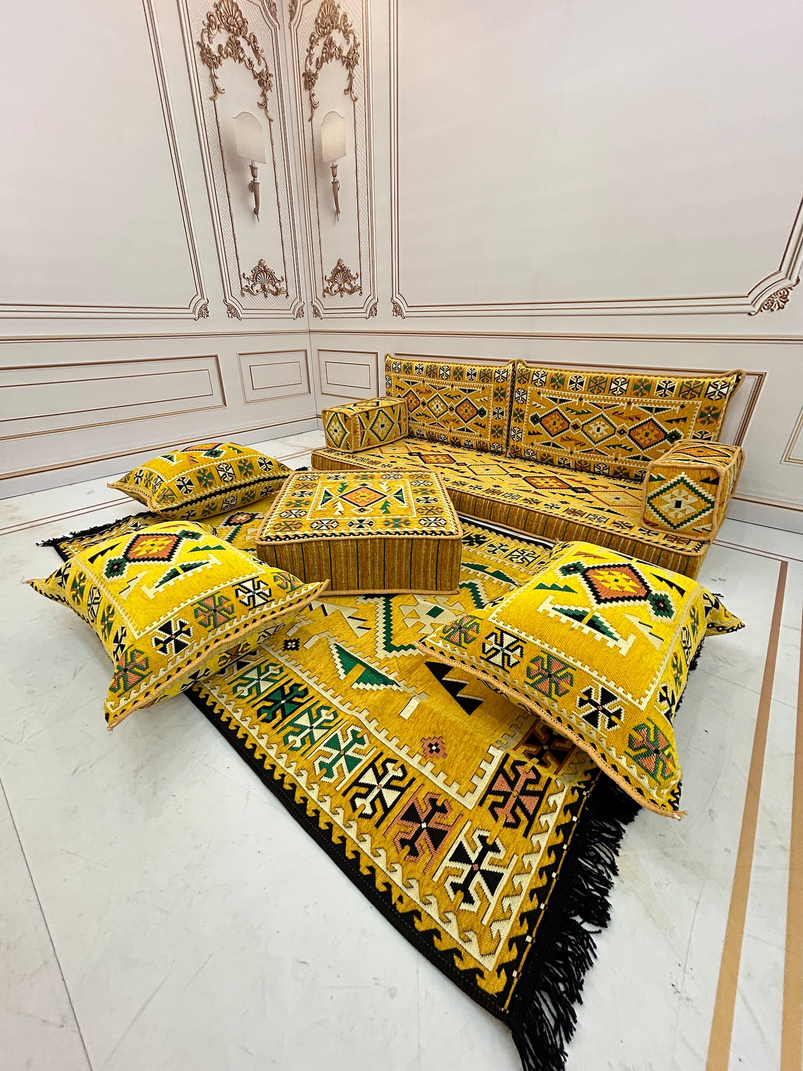 Majilis Rug Yellow Arabic Majlis Sofa Set: Floor Seating, Ottoman & Rug - Etsy Canada