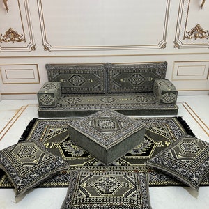 Grey Boho Floor Sofa Set: Arabic Seating, Kilim Rug