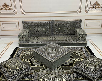 Graues Boho Boden Sofa Set: Arabische Sitzgelegenheit, Kelim Teppich