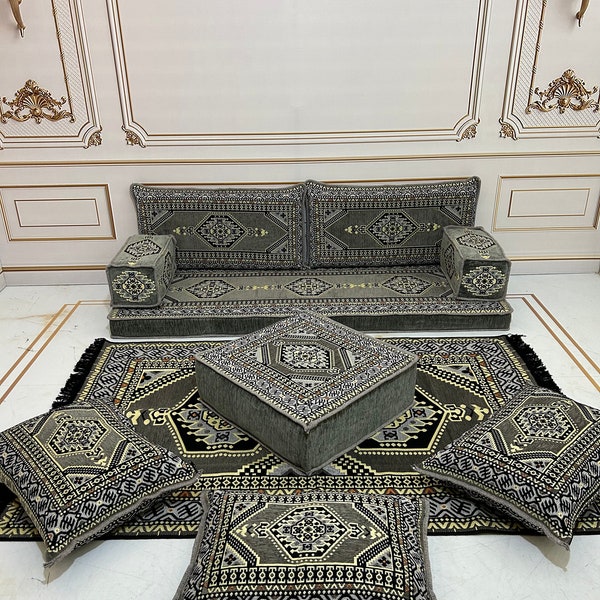 4" Thick Grey Boho Floor Cushion Seating Couch,Arabic Sofa,Sectional Sofa,Ottoman Couch, Kilim Rug,Turkish Floor Sofa Set