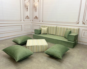 Water Green Stripe Pattern Color Matched Backrests Arabic Sofa Set 8 Inch Thick Floor Seat Cushion Sofa Set,MultiColor,Soft Touch Floor Sofa