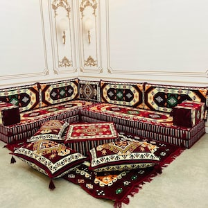 8&#39;&#39; Thickness L Shaped Anatolian Breeze Arabic Sofa Floor Seating Set, Boho Floor Couches, Living Room Sofa Set, Arabic Majlis, Corner Sofa