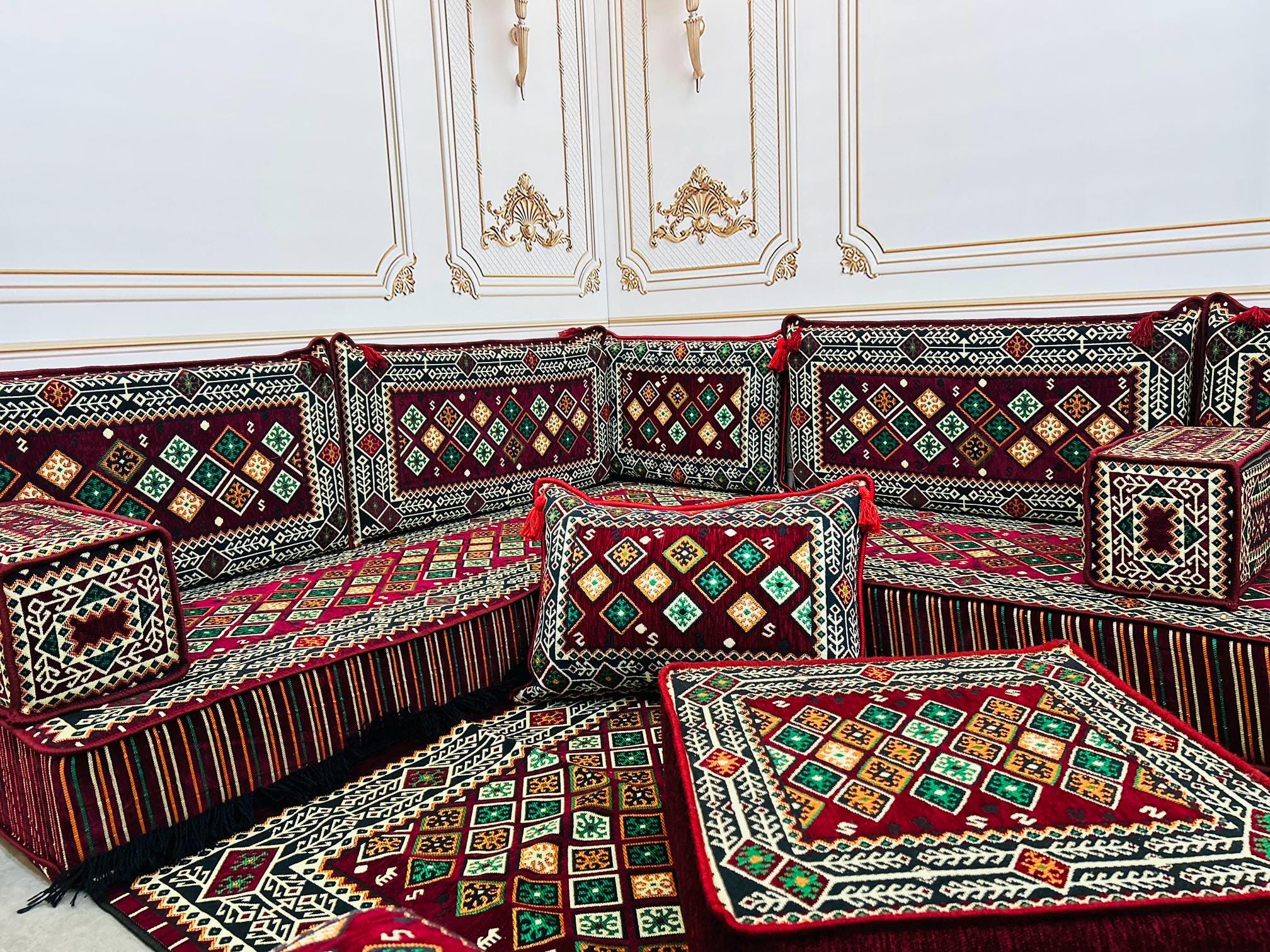 Majlis Rug Burgundy Arabic Majlis: U-shaped Floor Seating Set With Geometric Rug ...