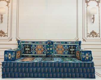 12" Thick Bodrum Milas Blue Arabic Sofa,Arabic Majlis,Sectional Sofa,Living Room Home Decor,Floor Sofa,Boho Floor Couch,Arabic Floor Seating