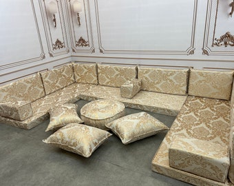 U Shaped Floor Sofa Set: Gold Pattern Boho Living Room Couch