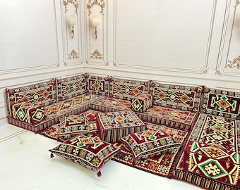 Burgundy Arabic Majlis Sofa Set: U-Shaped Floor Seating