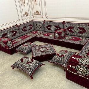 Arabic Sofa 8 inch Maroon Color U Shaped,Arabic Majlis,Arabis Sofa Floor Seating Set,Arabic Sofa Set,Arabic Sofa,Bench Cushions U Sofa Ottoman+Pillw