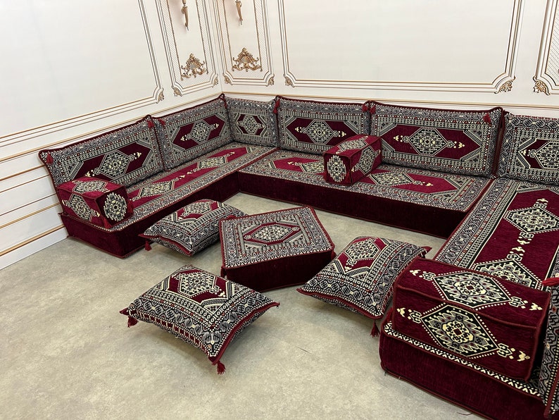 Arabic Sofa 8 inch Maroon Color U Shaped,Arabic Majlis,Arabis Sofa Floor Seating Set,Arabic Sofa Set,Arabic Sofa,Bench Cushions U Sofa Ottoman+Pillw