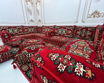 8" Thick Authentic Red Pine Model U Shaped Arabic Sofa Floor Seating Couch,Traditional Living Room Decor,Floor Cushion Couch,Sofa Couch