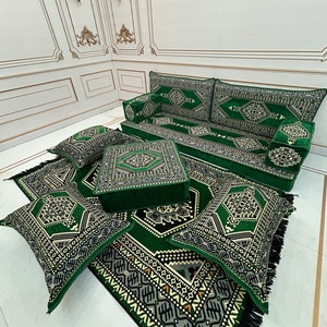 4&quot; Thick Emerald Boho Floor Cushion Seating Couch,Arabic Sofa,Sectional Sofa,Ottoman Couch,Kilim Rug,Turkish Floor Sofa Set