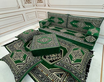 4" Thick Emerald Boho Floor Cushion Seating Couch,Arabic Sofa,Sectional Sofa,Ottoman Couch,Kilim Rug,Turkish Floor Sofa Set