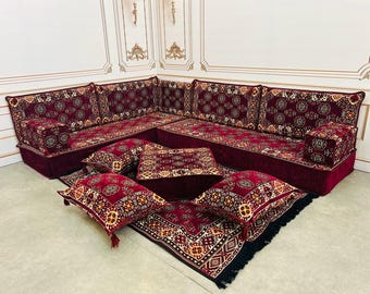 Oriental Majlis Floor Seating Set: L-Shaped Arabic Sofa, Cushions & Rug