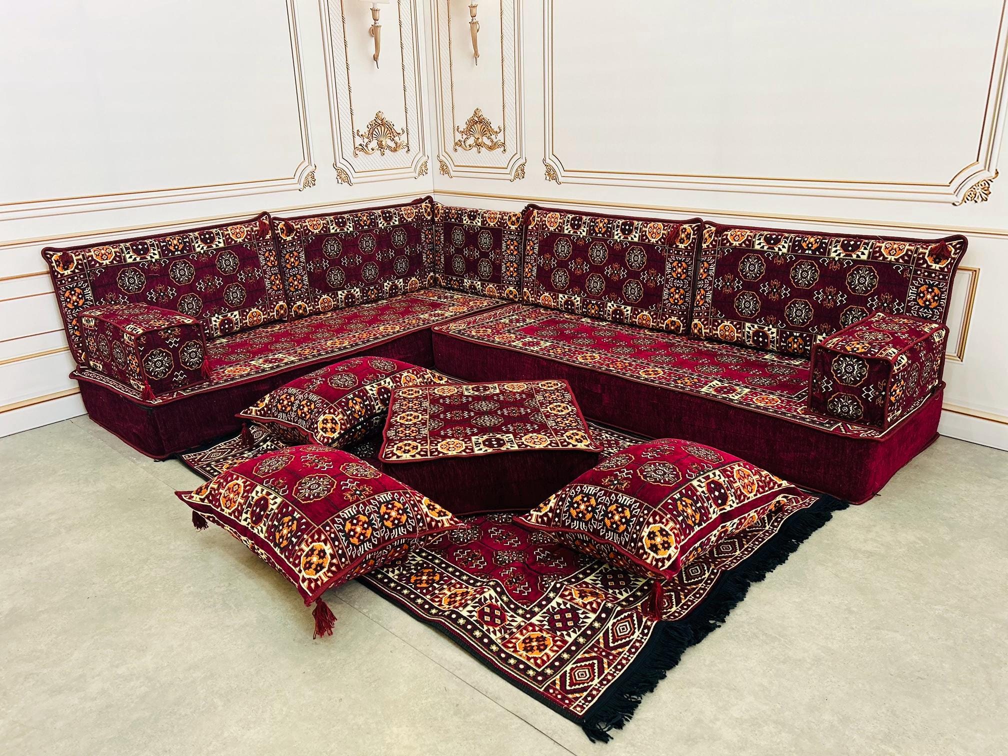 Majlis Rug Oriental Majlis Floor Seating Set: L-shaped Arabic Sofa, Cushions & Rug ...