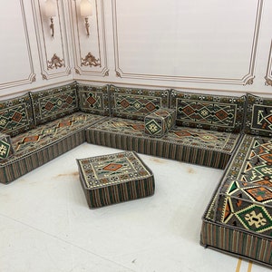 Canapé en forme de U, gris anatolien, canapé arabe de 20 cm 8 po., décoration de salon traditionnelle, canapé coussin de sol, canapé de sol arabe U Sofa + Ottoman