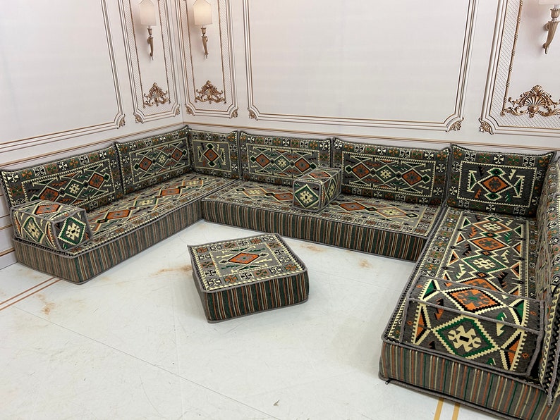 Canapé en forme de U, gris anatolien, canapé arabe de 20 cm 8 po., décoration de salon traditionnelle, canapé coussin de sol, canapé de sol arabe U Sofa + Ottoman