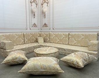 L Shaped Sofa Set 8'' Thick Vintage Gold Pattern  Luxury Floor Seating Cushion Couch,Arabic Floor Cushion,Arabic Floor Sofa,Vintage Sofa