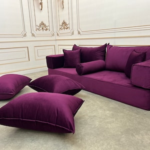 Cojín de terciopelo mágico único de color morado de 8'' de grosor para sofá, cojín de terciopelo para suelo, sofá de terciopelo, sofá de terciopelo