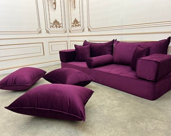パープルベルベットフロアシートクッションソファ:高級モジュラー パープルベルベットフロアシートクッションソファ:高級モジュラー